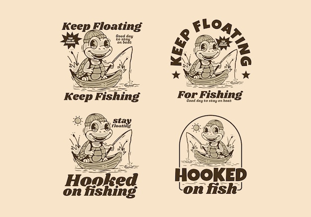 Diseño de personajes de mascota de tortuga de pesca en el barco