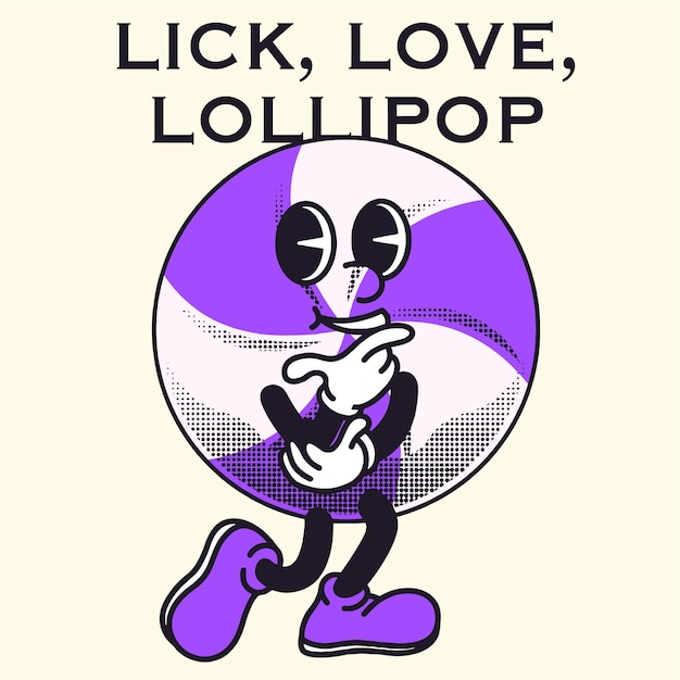 Diseño de personajes de piruleta con eslogan Lick Love piruleta