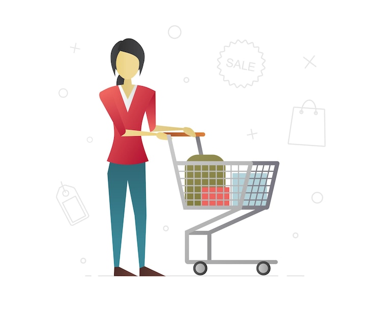 Vector diseño de personajes planos del consumidor. ama de casa haciendo compras. mujer con carrito de compras. ilustración de vector aislado