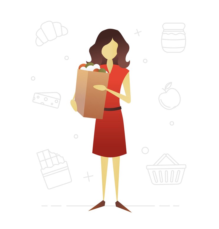 Vector diseño de personajes planos del consumidor. compras. ama de casa haciendo compras. mujer sosteniendo una bolsa de papel con productos comestibles. ilustración de vector aislado