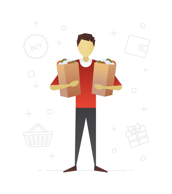 Vector diseño de personajes planos del consumidor. compras. haciendo compras. hombre que sostiene bolsas de papel con productos comestibles. ilustración de vector aislado