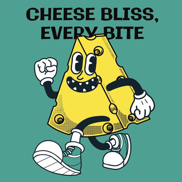 Diseño de personajes de queso con eslogan felicidad de queso en cada bocado