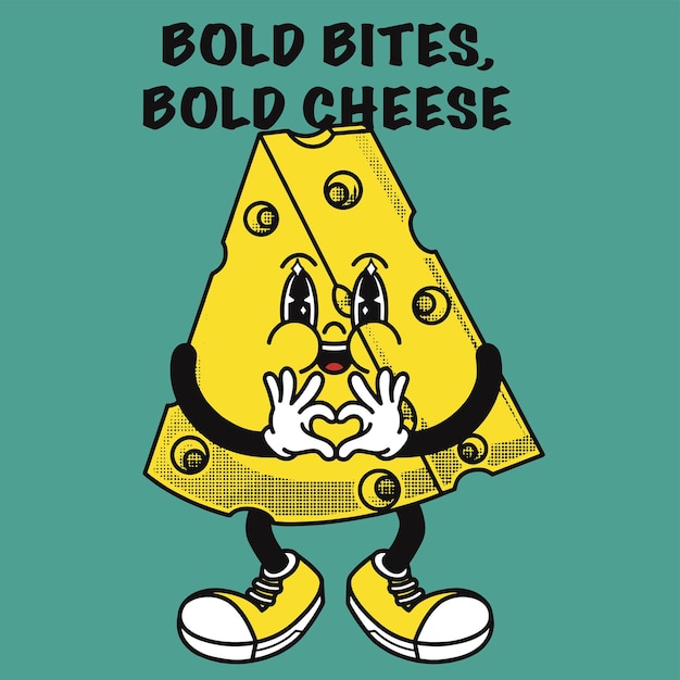 Diseño de personajes de queso con eslogan mordeduras audaces queso audaz