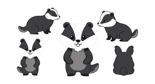 Diseño de personajes de tejón lindo en estilo plano que muestra varias poses ilustración vectorial