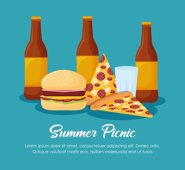Vector diseño de picnic de verano con botellas de cerveza y pizzas sobre fondo azul, diseño colorido. vector illu