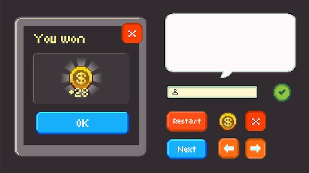 Diseño de píxeles gratuito para un conjunto completo de iconos emergentes de juegos con botones de puntuación y elementos de interfaz de usuario de píxeles