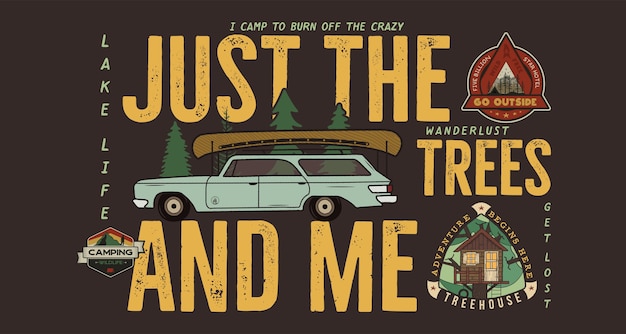 Diseño de placa de camping. Logotipo de aventura al aire libre con frase de cita de viaje de campamento. ilustración.