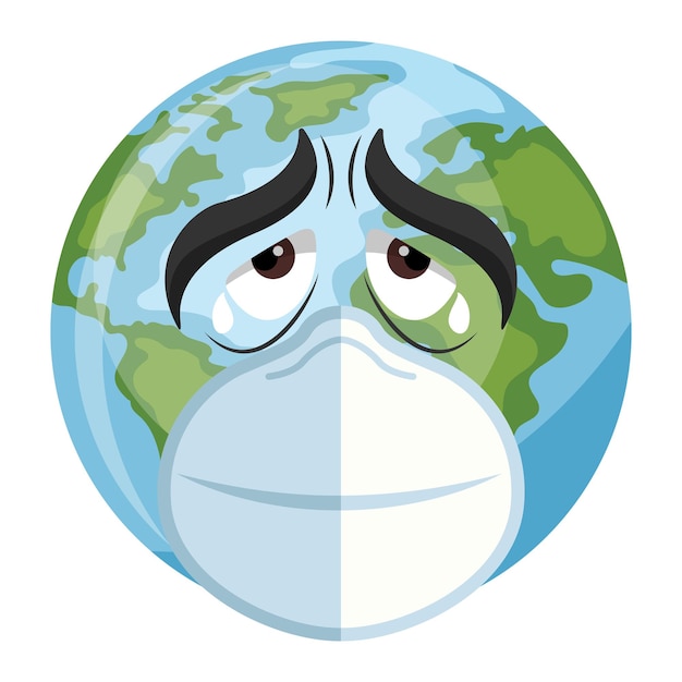 Vector diseño de planet earth cartoon triste con máscara para el día de la tierra día nacional de prevención de la contaminación día mundial del medio ambiente concepto de prevención contra la contaminación ambiental y el cuidado de nuestro planeta