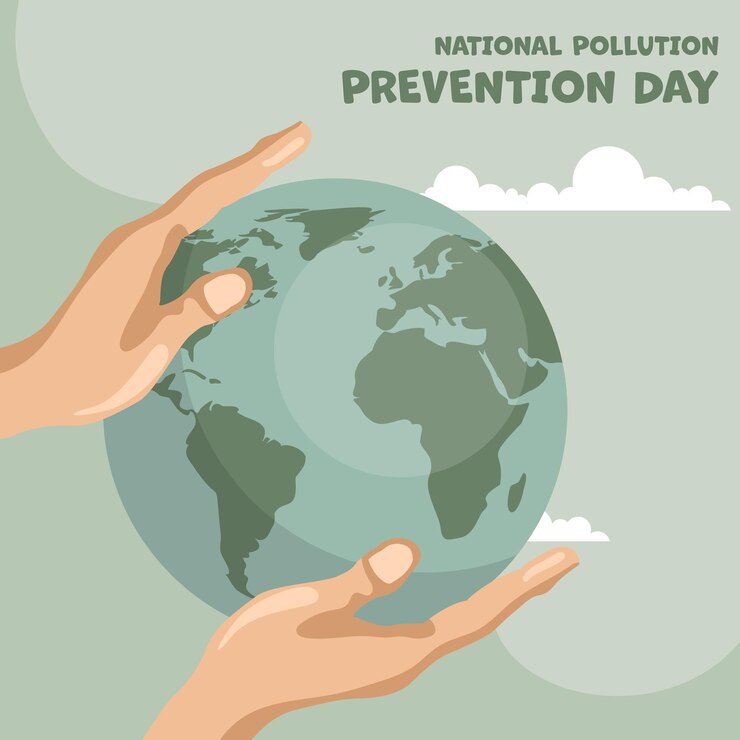 Vector diseño del planeta sostenido por dos manos y cartel de texto del día nacional de prevención de la contaminación para crear conciencia sobre el cuidado del medio ambiente