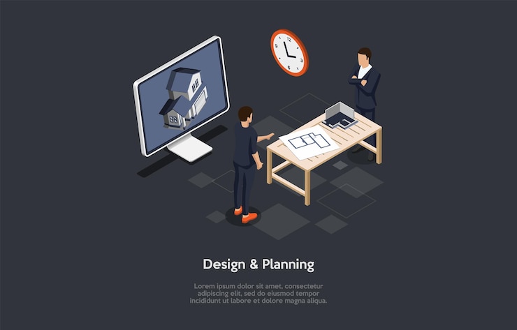 Vector diseño y planificación concepto ilustración vectorial sobre fondo oscuro con texto. composición isométrica en estilo de dibujos animados 3d. proceso de arquitectura de vivienda y edificación. visualización de la construcción de viviendas.