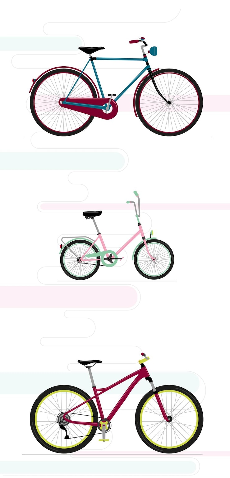 Vector diseño plano de 3 bicicletas de colores.