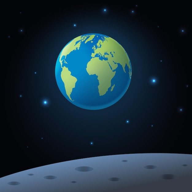 Diseño plano 3D de la Tierra desde la superficie lunar que representa un concepto de ciencia astronómica