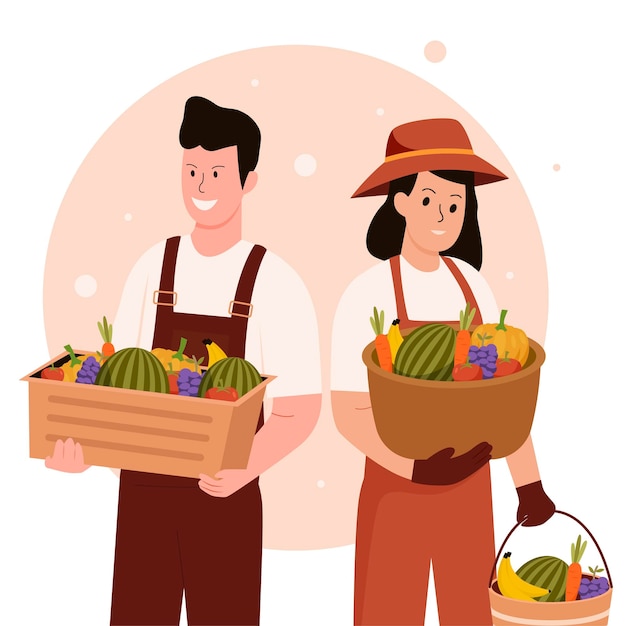 Vector diseño plano de agricultores masculinos y femeninos cosechando fruta