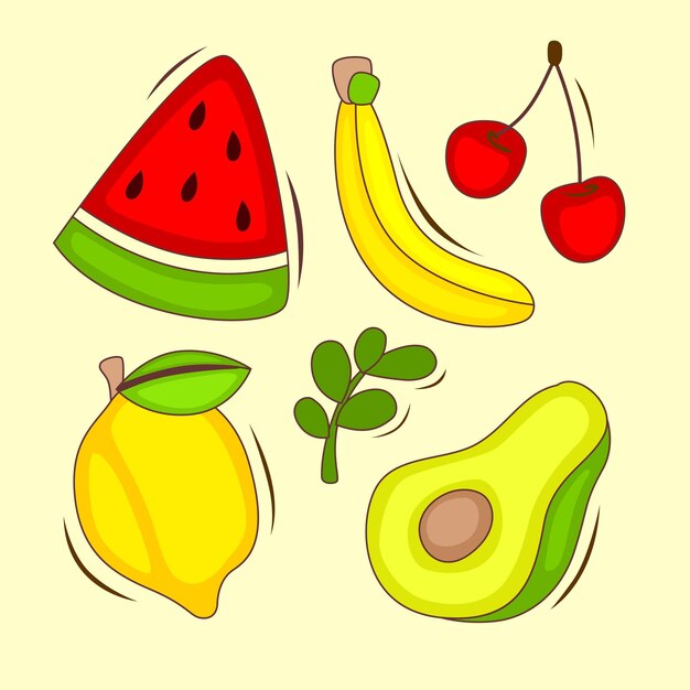 diseño plano de artículos de frutas en estilo de dibujos animados