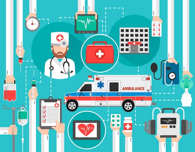 Diseño plano de atención médica con ambulancia, hospital y médico, ilustración vectorial aislada
