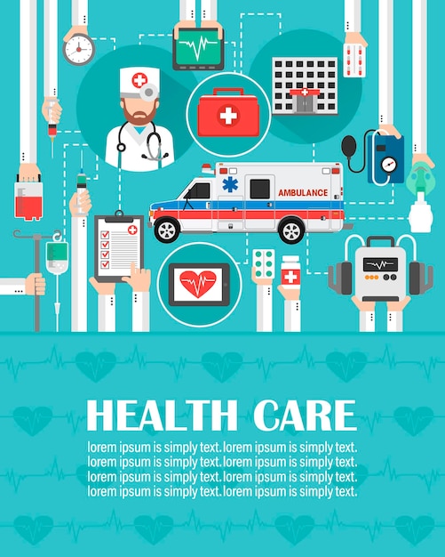Diseño plano de atención médica con ambulanciahospital y doctorlorem ipsum es simplemente texto