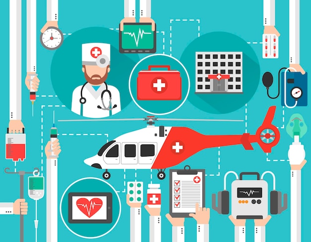 Diseño plano de atención médica con ilustración de vector aislado de helicopterhospitaland doctor