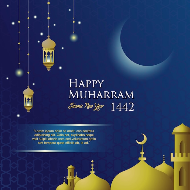 Diseño plano azul oscuro con temática año nuevo islámico 1442 con la mezquita dorada
