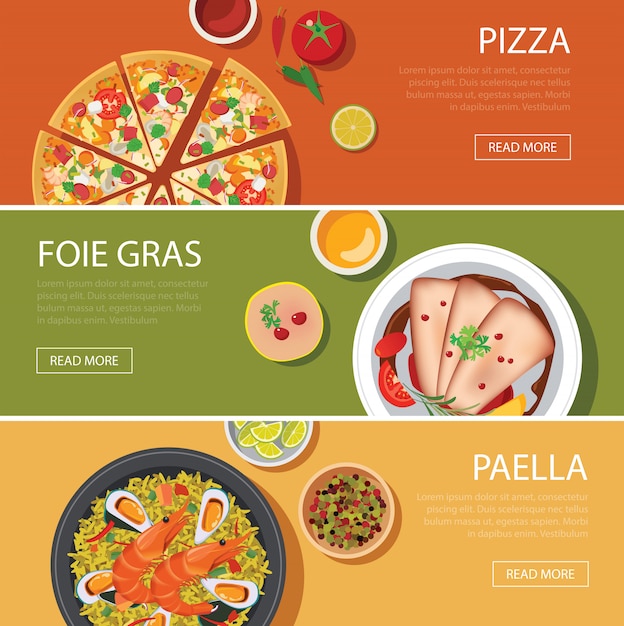 Vector diseño plano de banner web de comida popular, pizza, foie gras, paella