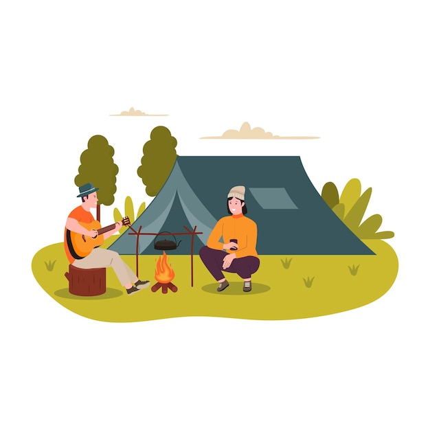 Diseño plano de campamento de hombre y mujer al aire libre