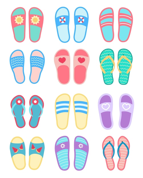 Diseño plano de chanclas de verano Un juego de zapatillas de verano Ilustración vectorial de zapatos abiertos