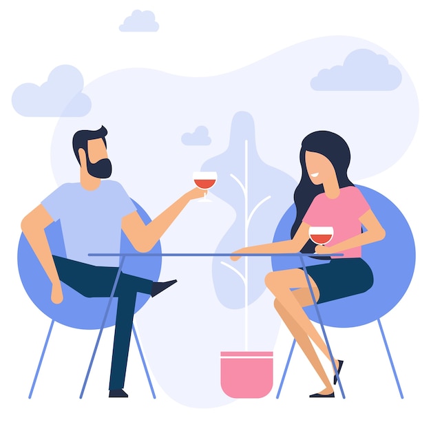 Diseño plano de cita romántica Hombre y mujer sentados en el restaurante bebiendo vino