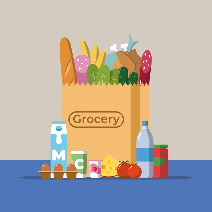 Vector diseño plano color ilustración vectorial de alimentos y bebidas productos cayendo en bolsa de papel, concepto para la venta al por menor.