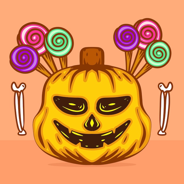 Diseño plano colorido personaje de calabaza malvada y dulces de halloween