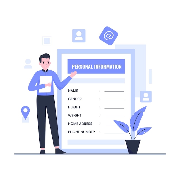 Diseño plano del concepto de información de datos personales. Ilustración para sitios web, páginas de destino, aplicaciones móviles, carteles y pancartas.