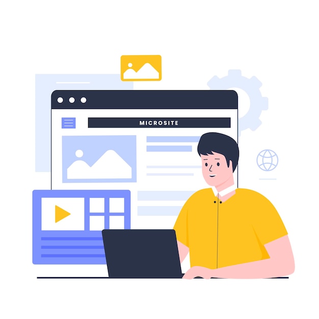 Diseño plano del concepto de micrositio. Ilustración para sitios web, páginas de destino, aplicaciones móviles, carteles y pancartas.