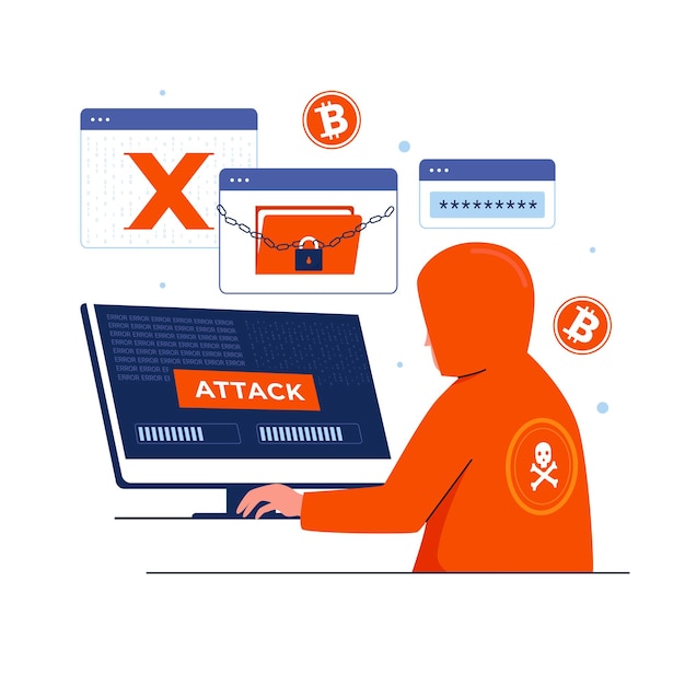 Diseño plano del concepto de ransomware de malware de ataque cibernético Ilustración para sitios web páginas de destino aplicaciones móviles carteles y pancartas Ilustración de vector plano de moda