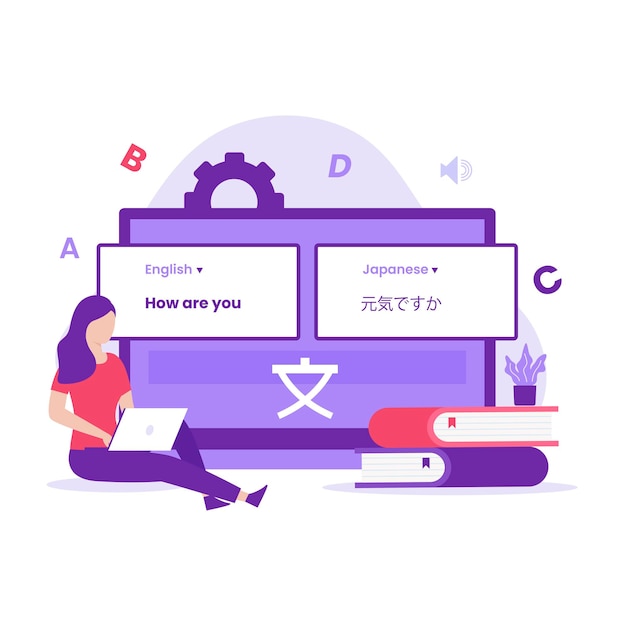 Diseño plano del concepto de traductor en línea. Ilustración para sitios web, páginas de destino, aplicaciones móviles, carteles y pancartas.