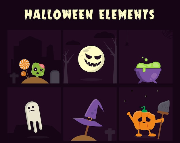 Diseño plano de conjunto de elementos de halloween