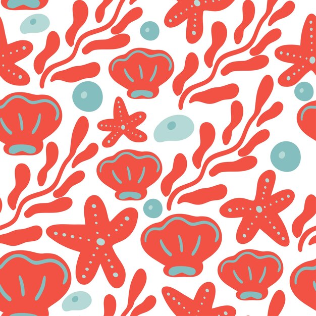 Diseño plano sin costuras de conchas y algas