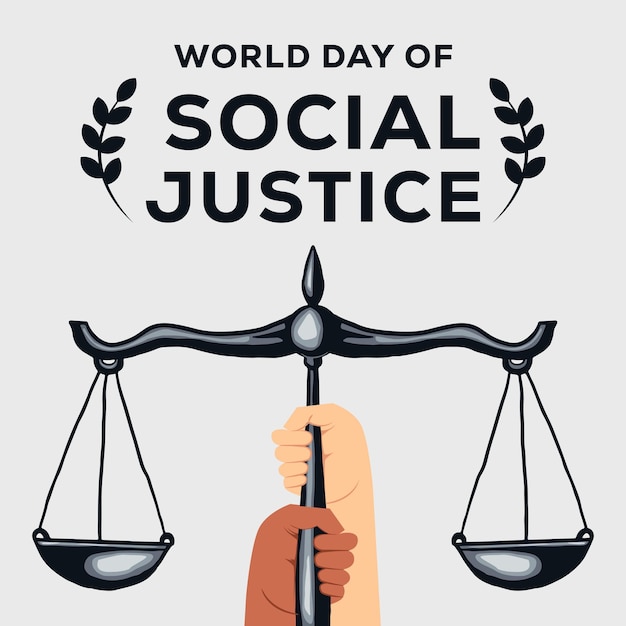 Diseño plano día mundial de la justicia social con manos sosteniendo balanzas justicia