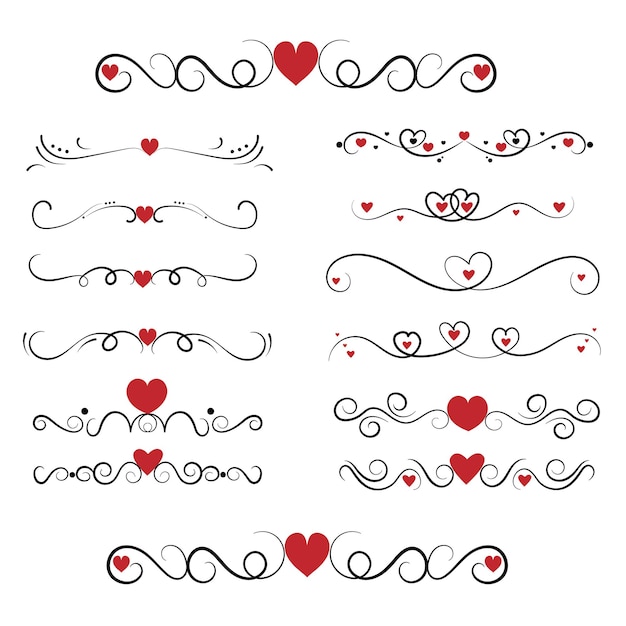 Diseño plano dibujado a mano con bordes y marcos de corazones