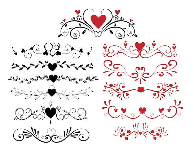 Diseño plano dibujado a mano con bordes y marcos de corazones