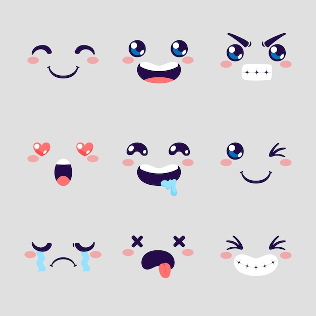 Diseño plano dibujado a mano colección de caras kawaii