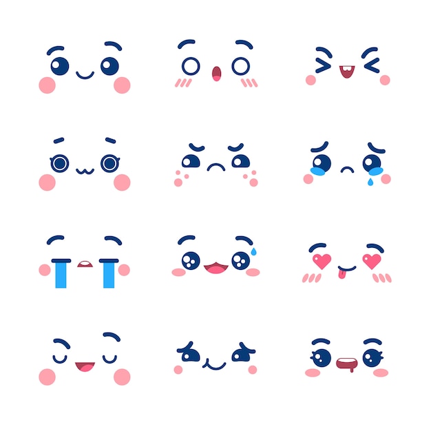 Diseño plano dibujado a mano colección de caras kawaii