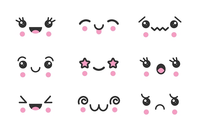 Diseño plano dibujado a mano colección de caras kawaii