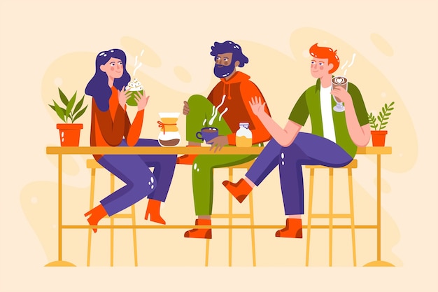 Diseño plano dibujado a mano de personas con bebidas calientes.