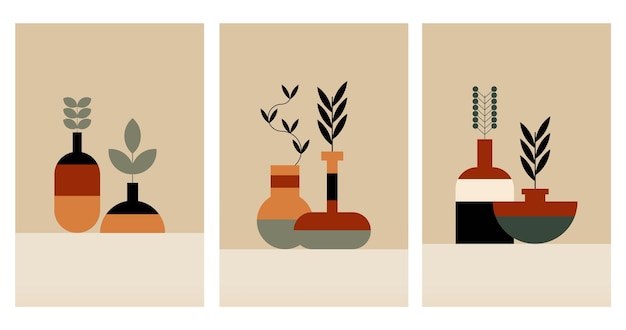 Diseño plano diseño geométrico arte de pared de jarras boho ilustración de fondo