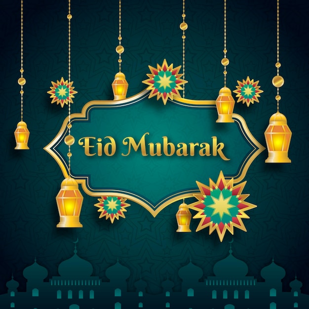 Diseño plano eid mubarak con linternas