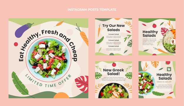 Diseño plano ensaladas saludables publicaciones de instagram