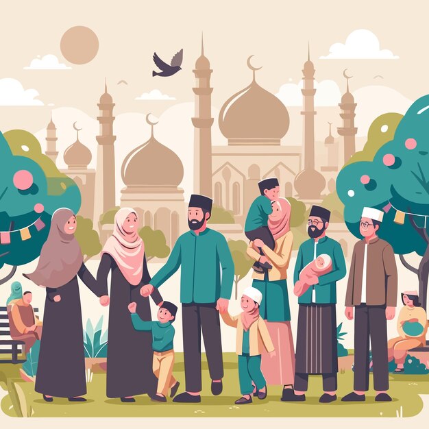 Vector un diseño plano de la familia musulmana de la sharia en eid mubarak y ramadán