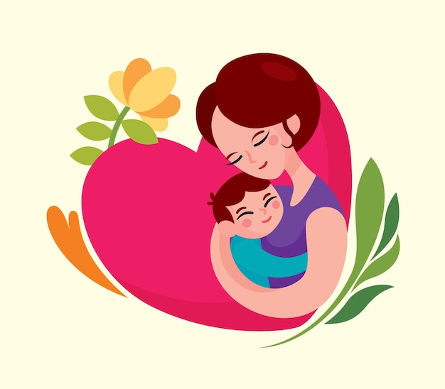 Vector diseño plano feliz día de la madre con madre llevar al niño en el brazo sobre fondo en forma de amor