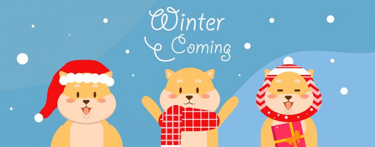 Diseño plano feliz navidad shiba inu cachorro invierno especial próximo fondo de banner
