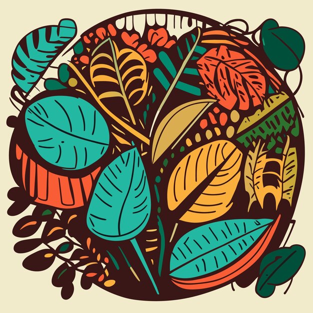 Diseño plano con follaje de selva tropical, arte vectorial retro vintage