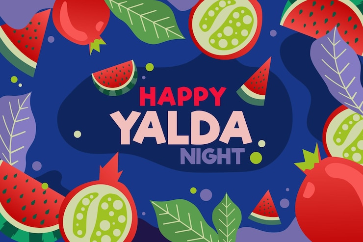 Vector diseño plano fondo feliz yalda y rodajas de fruta