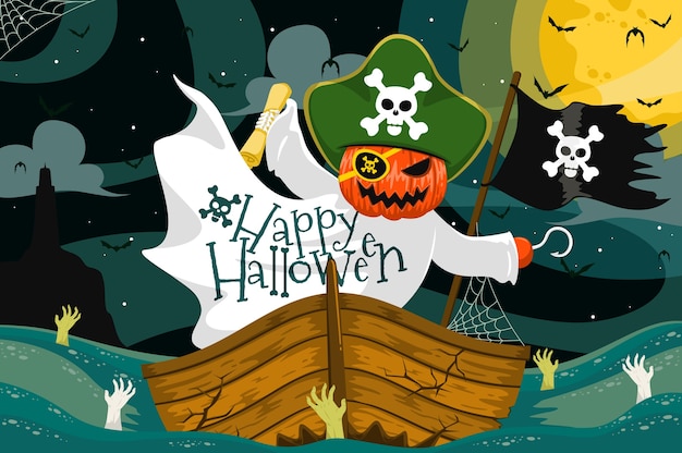Diseño plano de fondo pirata pumpkind de halloween